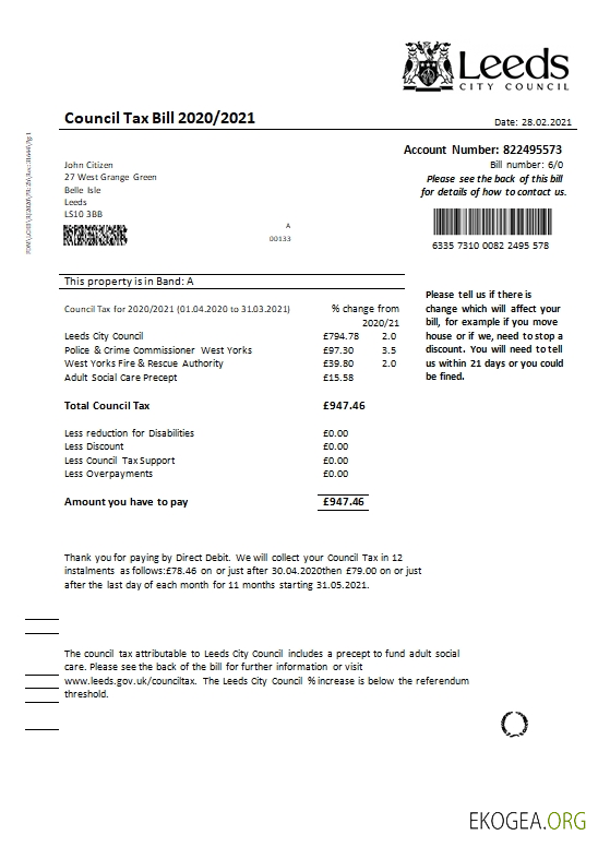 United Kingdom Leeds City Council tax bill template in Word and PDF format